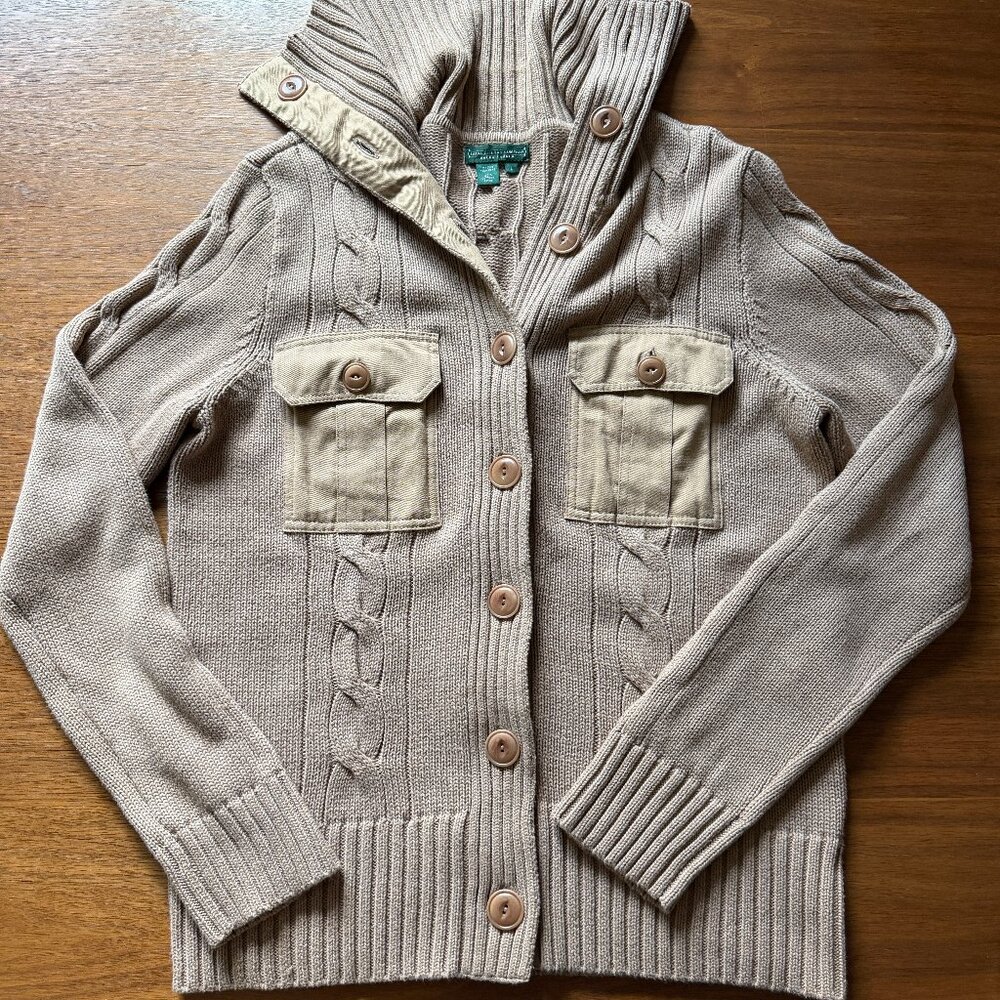Lauren Ralph Lauren Sweater cardigan Button up funnel neck Large 100% cotton tan